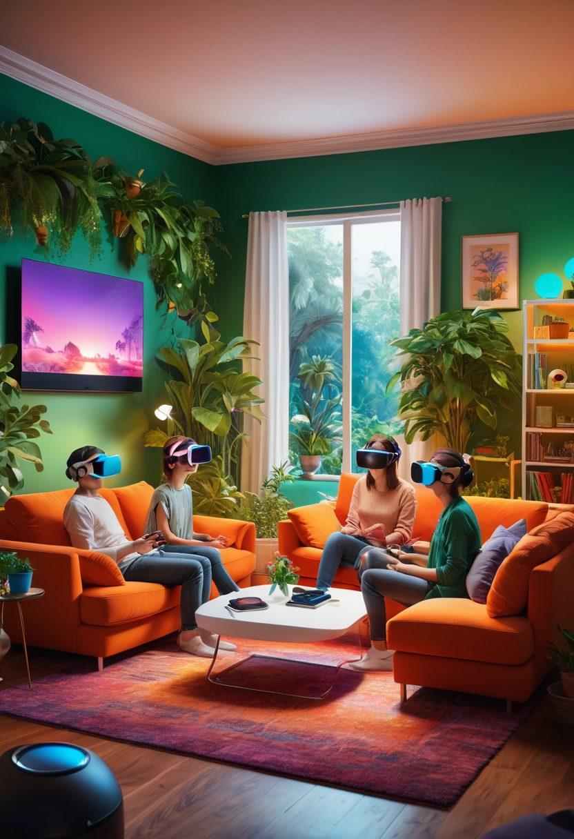 A vibrant living room filled with futuristic tech gadgets, featuring a family enjoying a movie with immersive virtual reality headsets and augmented reality elements floating around them. Lush greenery and bright colors enhance the atmosphere of joy and innovation. Soft lighting and a cozy ambiance create a welcoming vibe. super-realistic. vibrant colors. 3D.