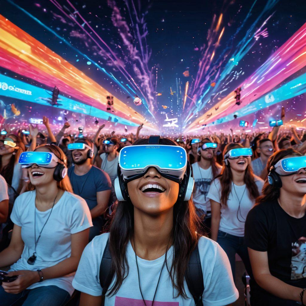 A vibrant digital landscape showcasing a virtual festival scene, filled with diverse people enjoying live music through VR headsets, colorful e-tickets floating around, and dynamic light displays in the sky. The foreground features ecstatic faces, while the background has a stage with holographic performers. Emphasize a sense of excitement and connection in a tech-driven environment. super-realistic. vibrant colors. 3D.